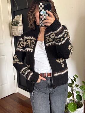 BOGNER Lambswool Full Zip Jacquard Fair Isle Cowichan Sweater. Size 6